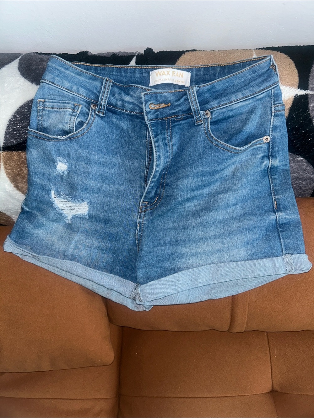 Wax Jean Light Blue Distressed Rolled-Hem Denim Shorts